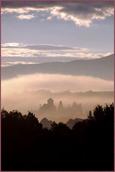 Church in the Mist, Color Photograph by Woody Galloway