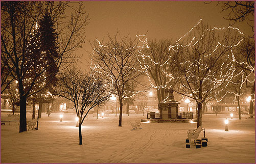 Santa Fe Plaza in Winter, sepia photograph by Woody Glloway, Santa Fe, NM